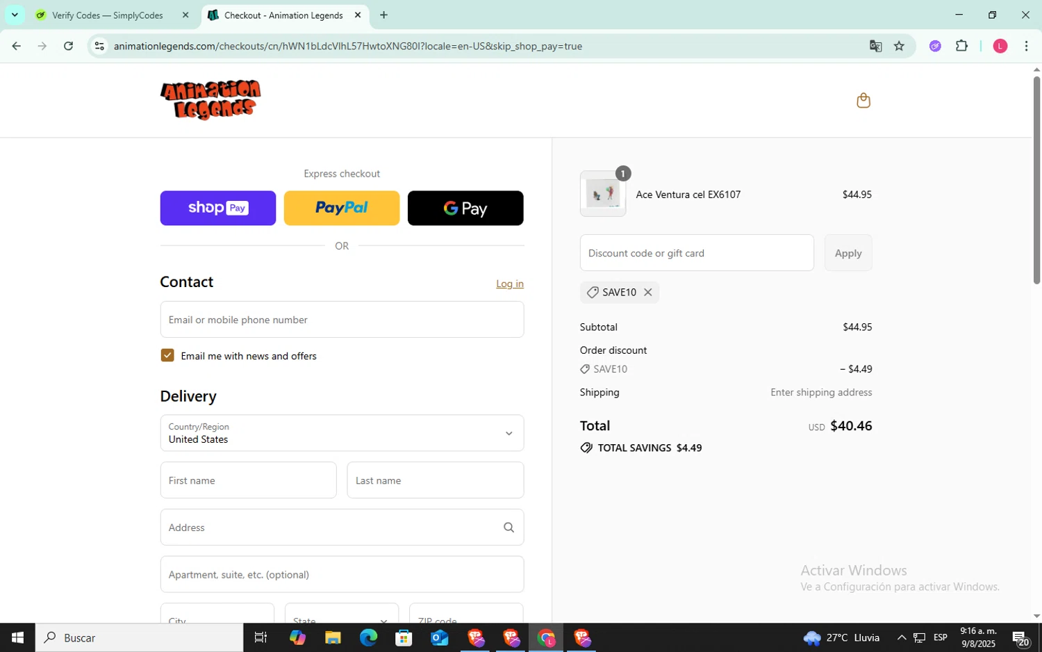 Animation Legends discount code screenshot showing code SAVE10 applied at Animation Legends checkout page. Uploaded by SimplyCodes community member SilverFox3257 on Aug 9, 2025