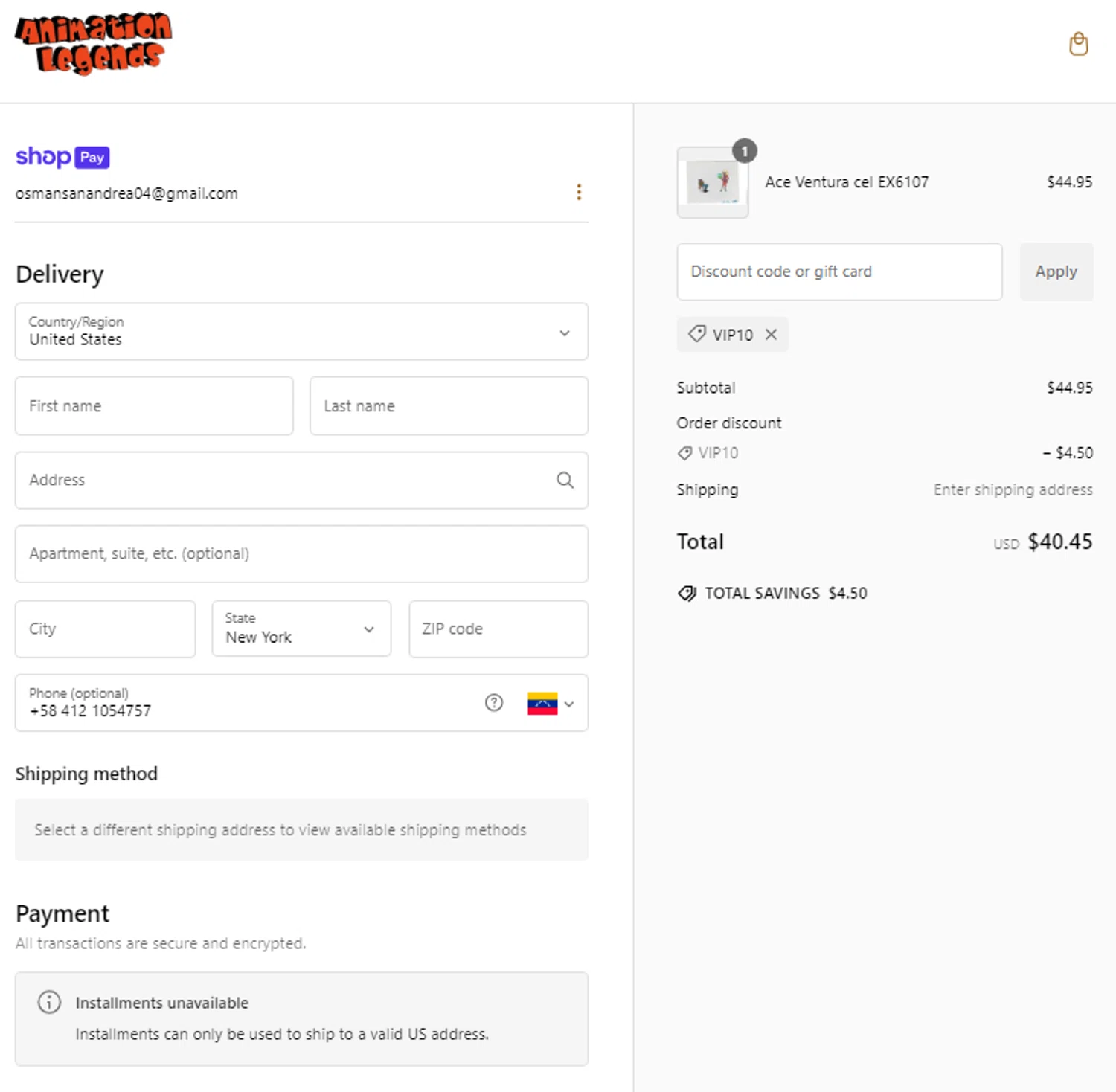 Animation Legends discount code screenshot showing code VIP10 applied at Animation Legends checkout page. Uploaded by SimplyCodes community member Tortugasninja on Jan 14, 2025