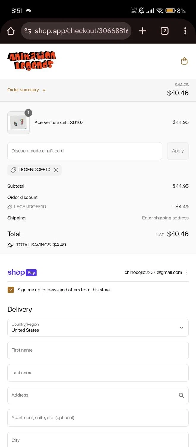 Animation Legends discount code screenshot showing code LEGENDOFF10 applied at Animation Legends checkout page. Uploaded by SimplyCodes community member Bjhfuhdf on Aug 23, 2025