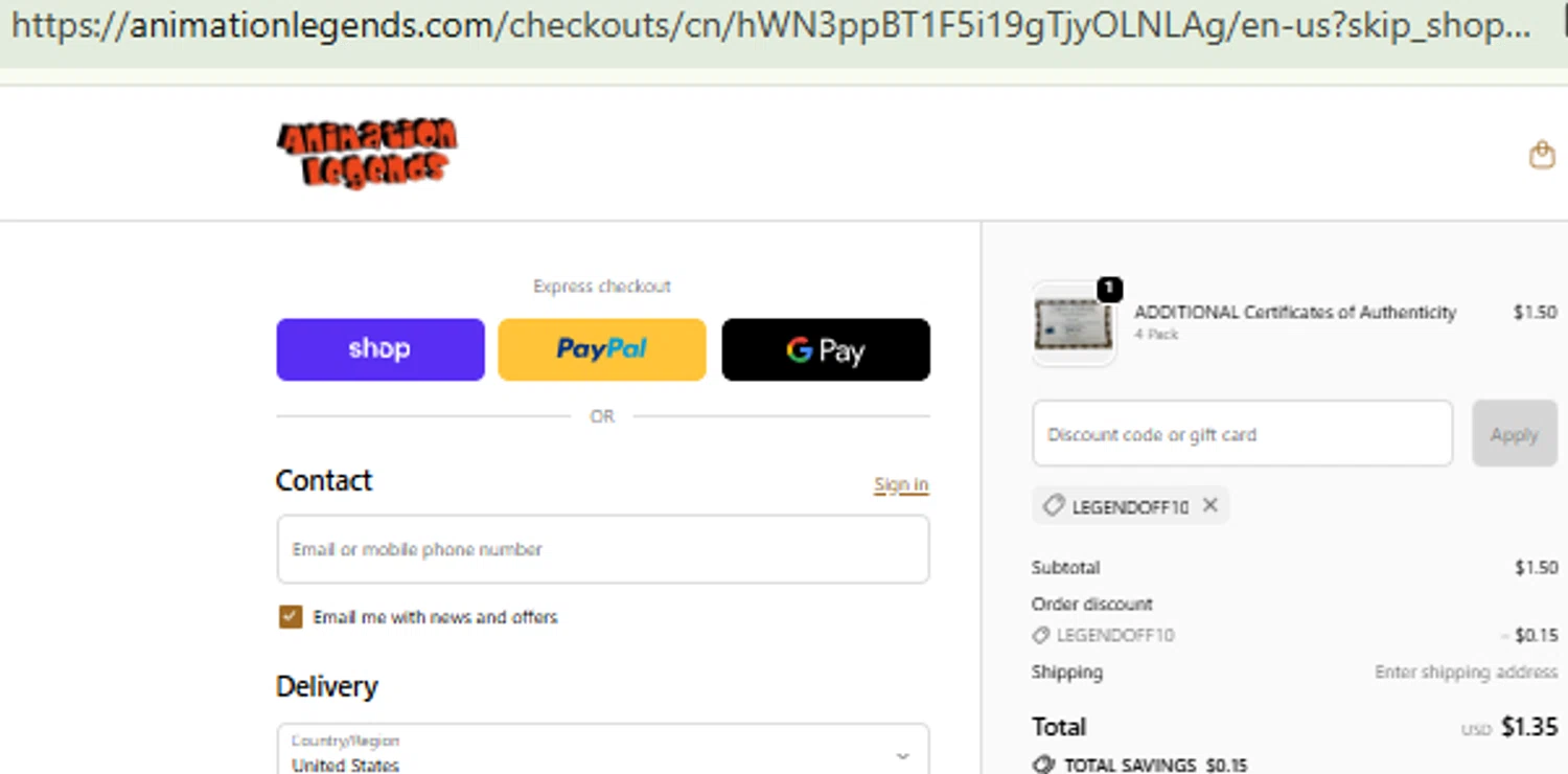 Animation Legends discount code screenshot showing code LEGENDOFF10 applied at Animation Legends checkout page. Uploaded by SimplyCodes community member RewardFinder4836 on Oct 7, 2025