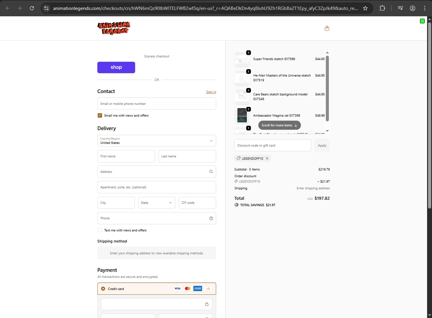 Animation Legends discount code screenshot showing code LEGENDOFF10 applied at Animation Legends checkout page. Uploaded by SimplyCodes community member fiadaz on Dec 23, 2025