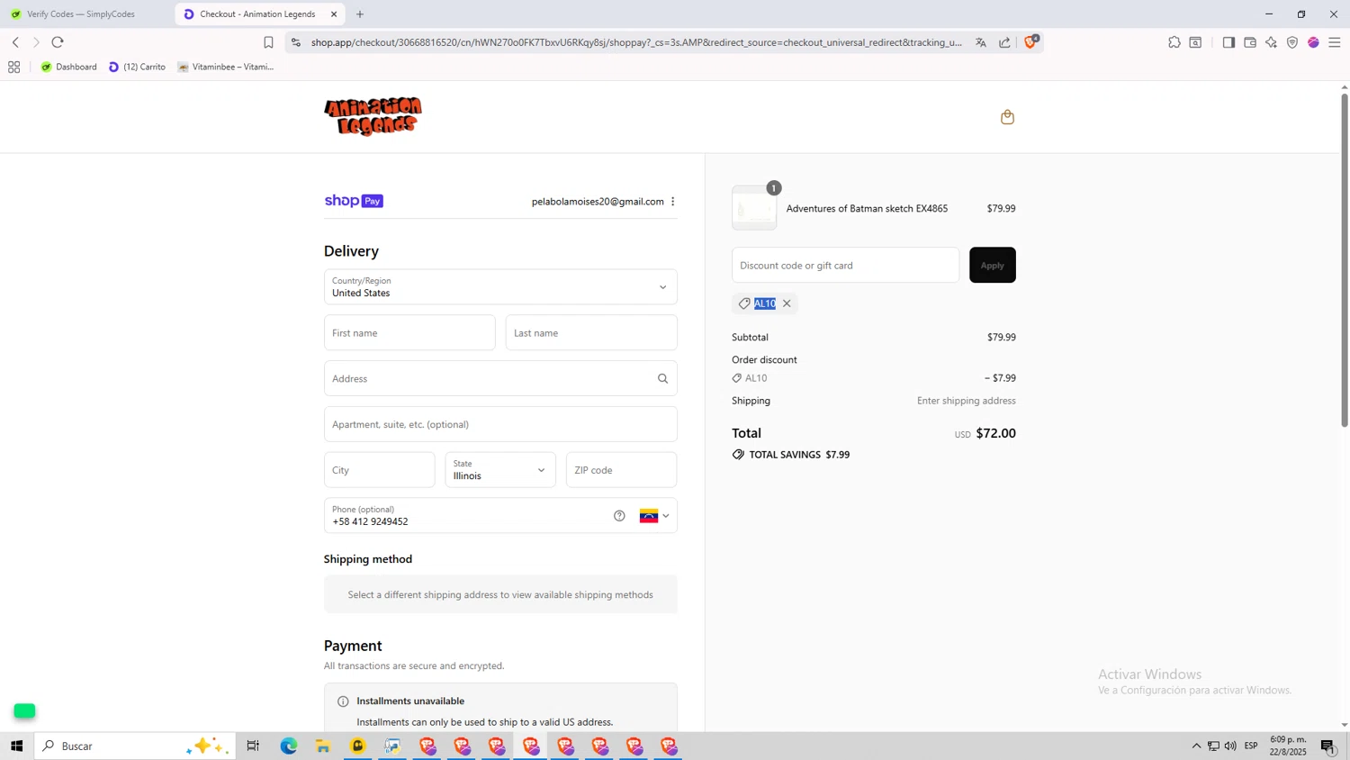Animation Legends discount code screenshot showing code AL10 applied at Animation Legends checkout page. Uploaded by SimplyCodes community member PegaitoAlas3AM on Aug 23, 2025