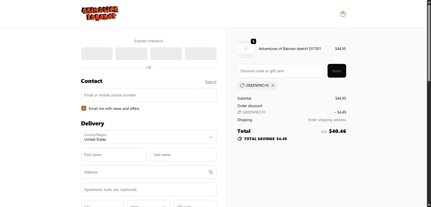 Animation Legends discount code screenshot showing code GREENPRO10 applied at Animation Legends checkout page. Uploaded by SimplyCodes community member Lorencia on Oct 23, 2025