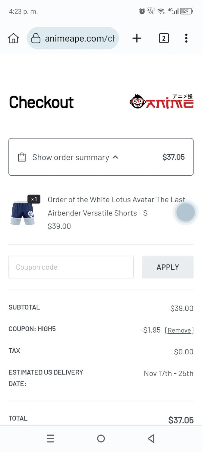 Anime Ape coupon code screenshot showing code HIGH5 applied at Anime Ape checkout page. Uploaded by SimplyCodes community member Anthony_Diaz on Nov 5, 2025