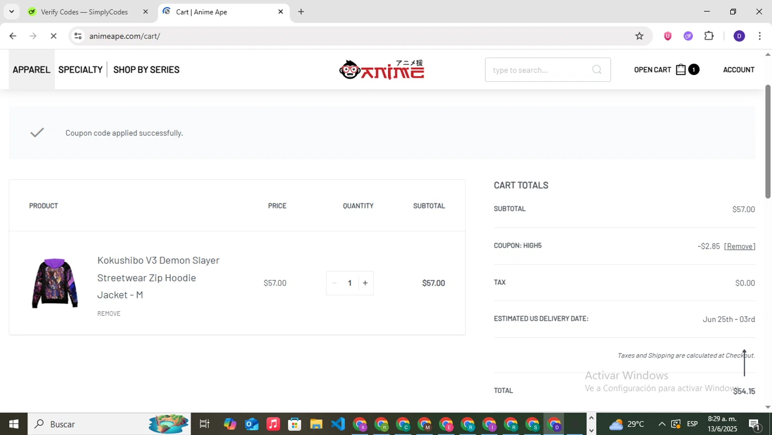 Anime Ape coupon code screenshot showing code HIGH5 applied at Anime Ape checkout page. Uploaded by SimplyCodes community member PrimeNavigator3251 on Jun 13, 2025