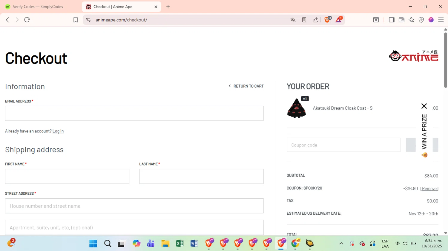 Anime Ape checkout page showing Anime Ape coupon code box | Screenshot taken by SimplyCodes community member on Oct 31, 2025