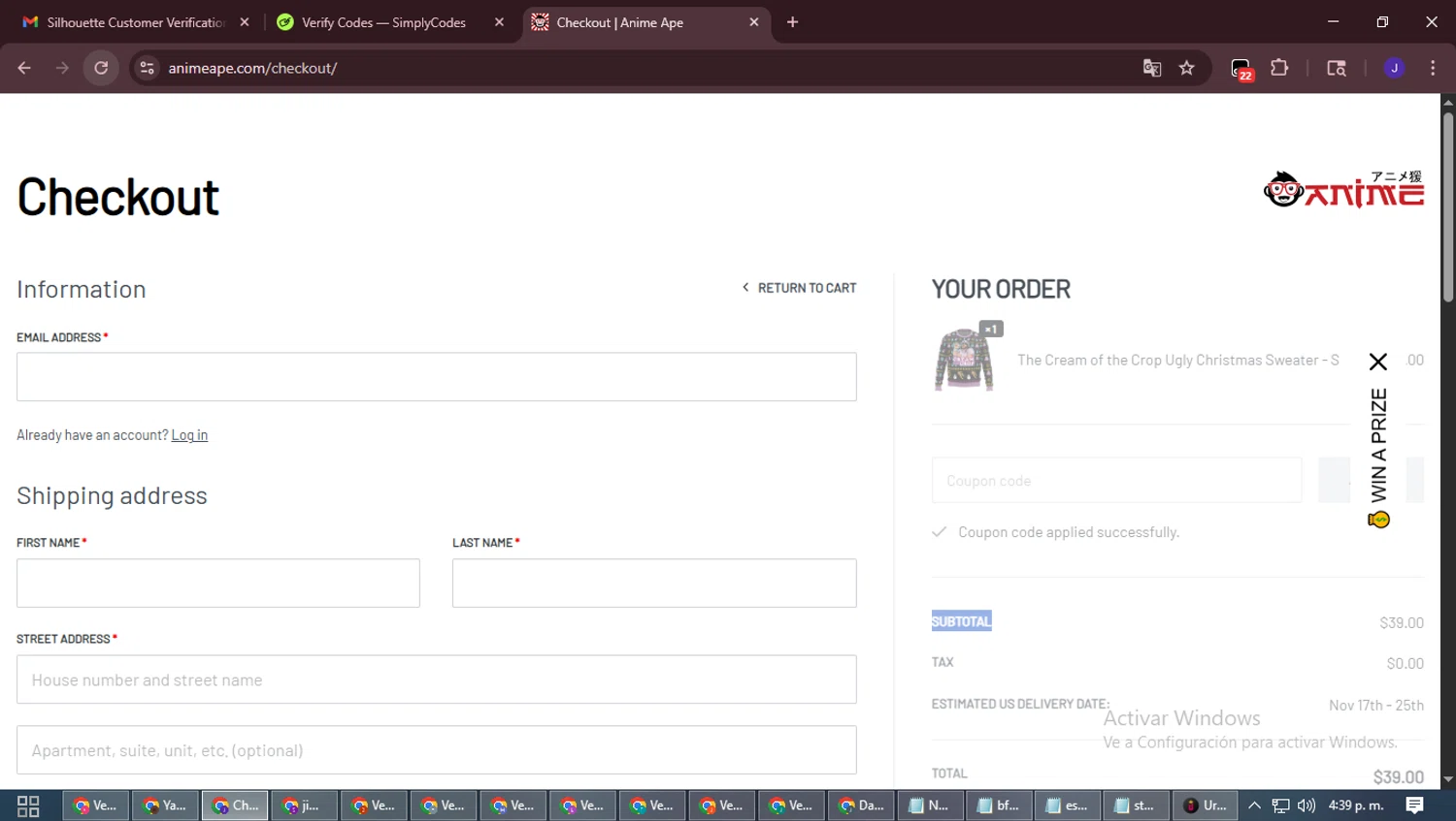 Anime Ape checkout page showing Anime Ape coupon code box | Screenshot taken by SimplyCodes community member on Nov 5, 2025