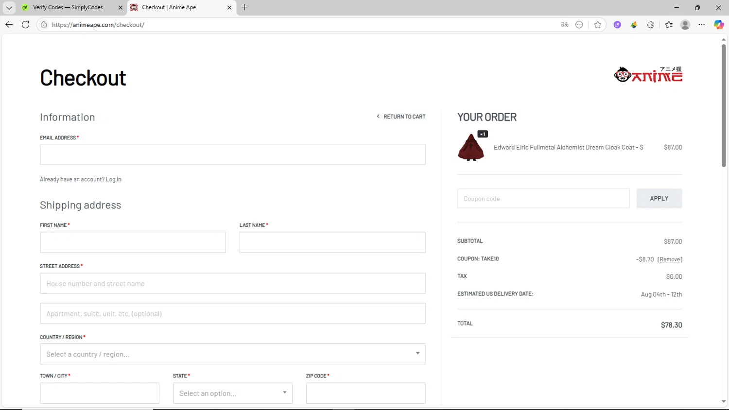 Anime Ape coupon code screenshot showing code take10 applied at Anime Ape checkout page. Uploaded by SimplyCodes community member CrownShopper2899 on Jul 23, 2025