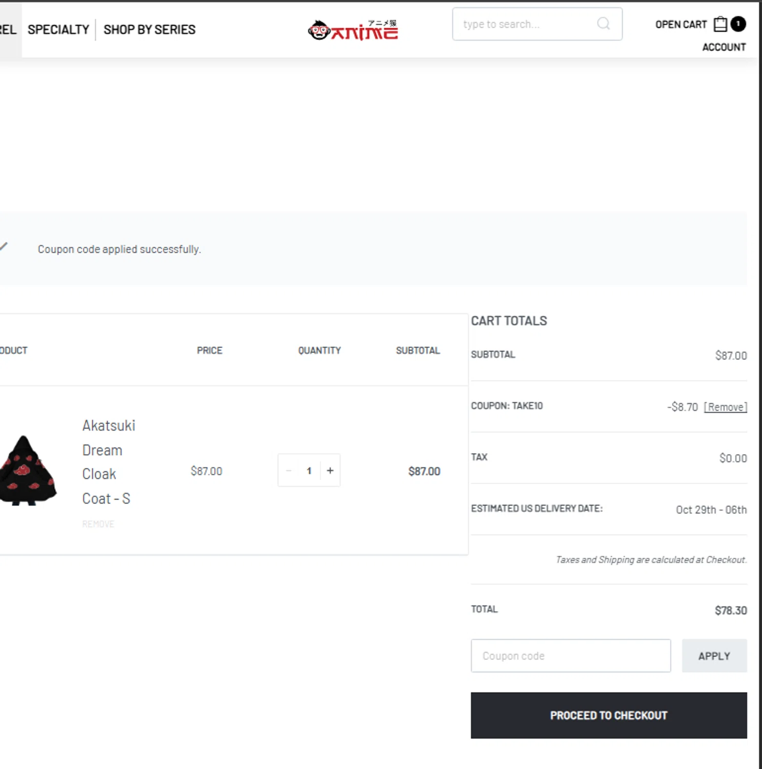 Anime Ape coupon code screenshot showing code take10 applied at Anime Ape checkout page. Uploaded by SimplyCodes community member Franyer12 on Oct 17, 2025