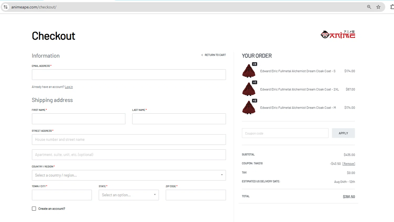 Anime Ape coupon code screenshot showing code take10 applied at Anime Ape checkout page. Uploaded by SimplyCodes community member YHLQMDLGN on Jul 23, 2025