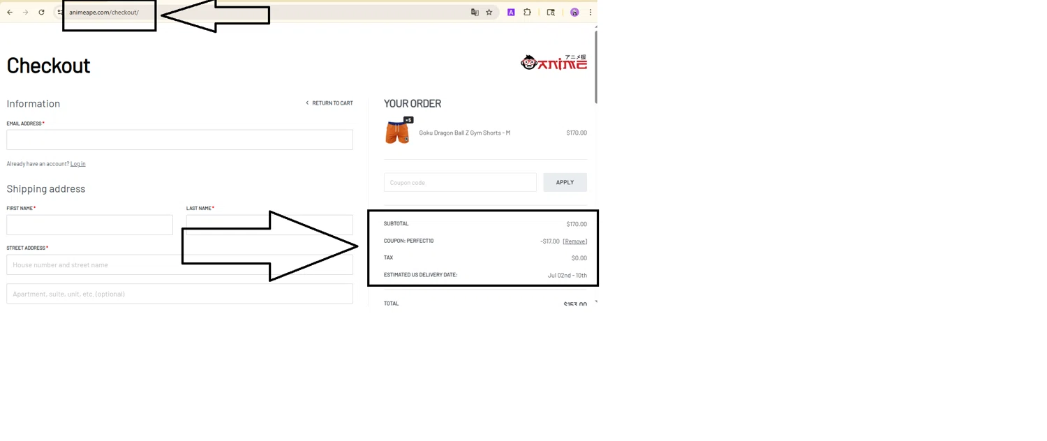 Anime Ape coupon code screenshot showing code PERFECT10 applied at Anime Ape checkout page. Uploaded by SimplyCodes community member Carol_92737168 on Jun 20, 2025
