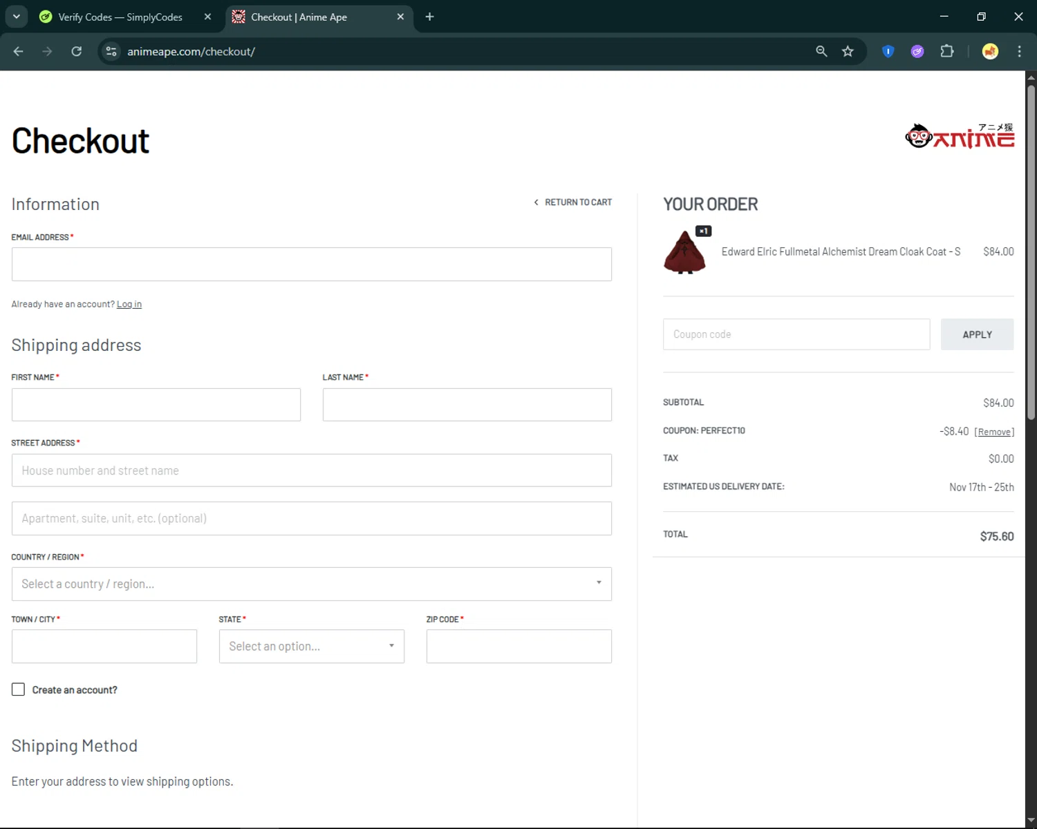 Anime Ape coupon code screenshot showing code PERFECT10 applied at Anime Ape checkout page. Uploaded by SimplyCodes community member SmartFinder4193 on Nov 5, 2025