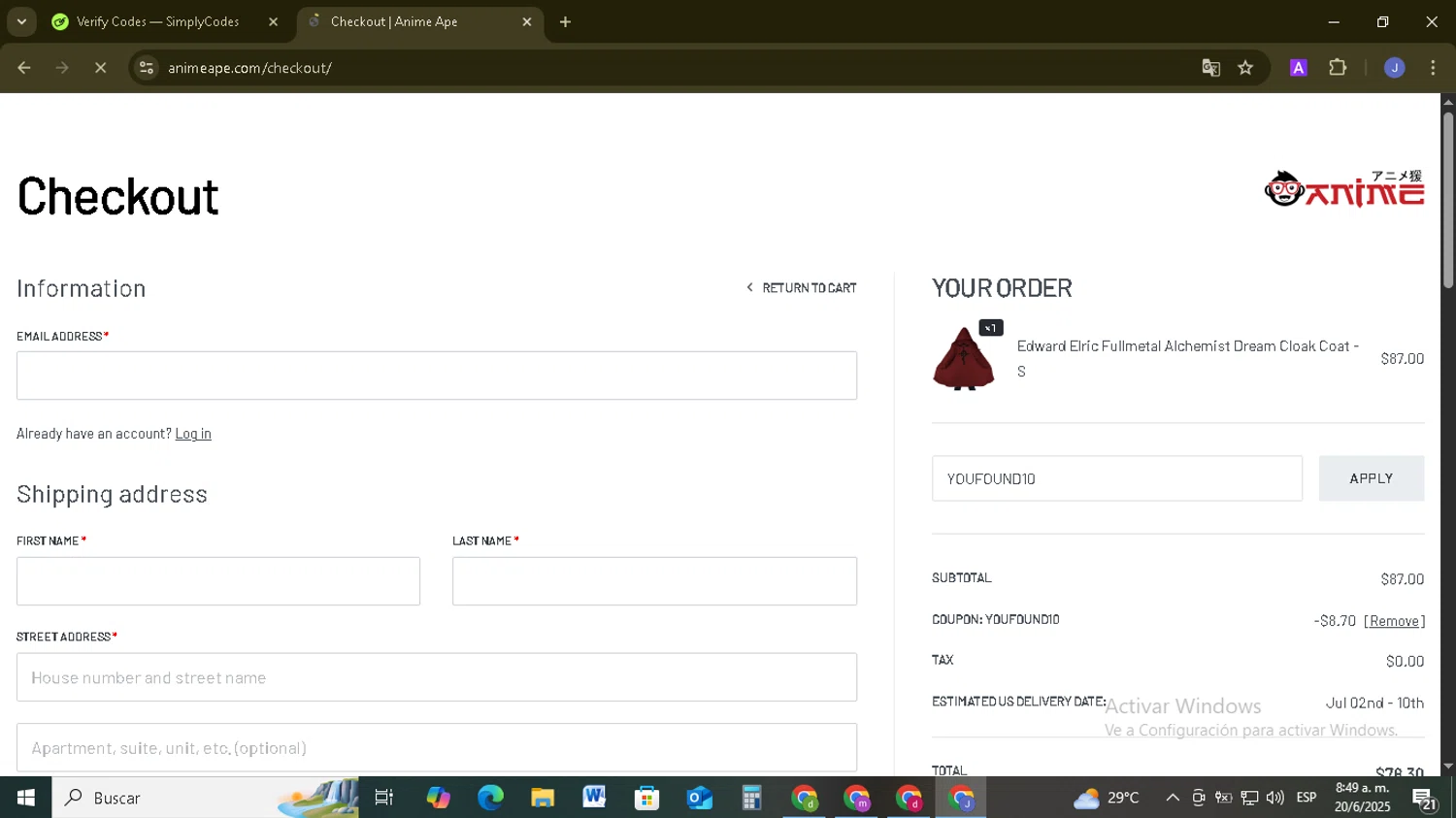 Anime Ape coupon code screenshot showing code YOUFOUND10 applied at Anime Ape checkout page. Uploaded by SimplyCodes community member EpicSage3474 on Jun 20, 2025