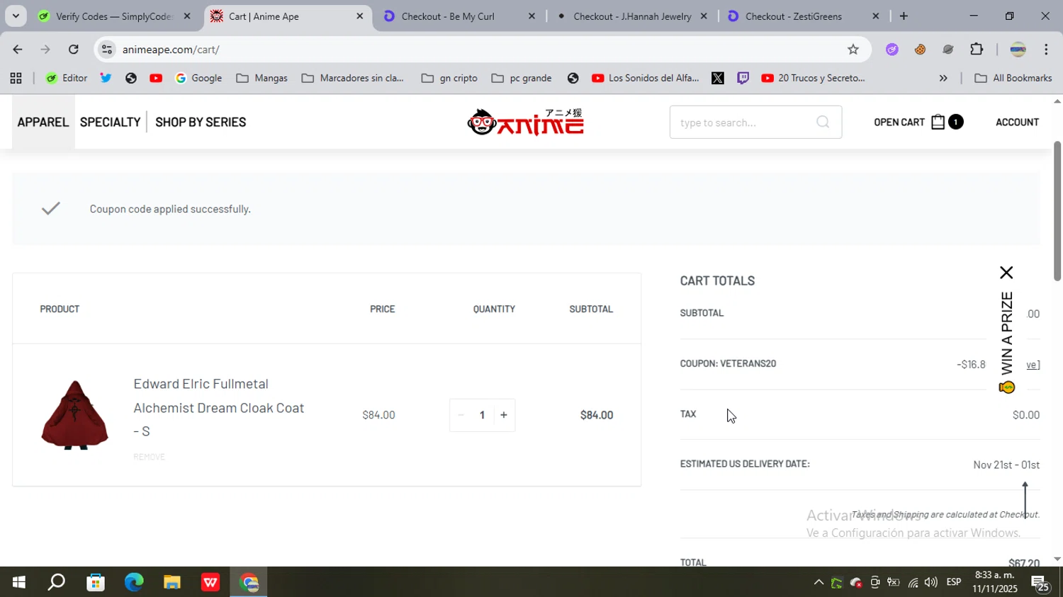 Anime Ape checkout page showing Anime Ape coupon code box | Screenshot taken by SimplyCodes community member on Nov 11, 2025