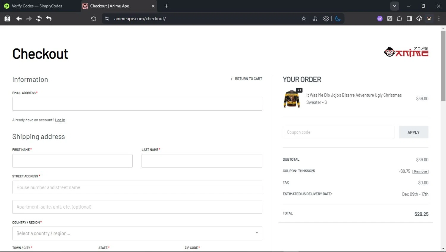 Anime Ape checkout page showing Anime Ape coupon code box | Screenshot taken by SimplyCodes community member on Nov 27, 2025