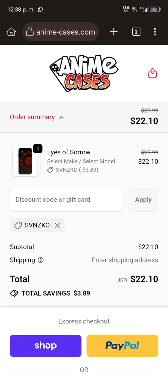 Anime Cases discount code screenshot showing code SVNZKO applied at Anime Cases checkout page. Uploaded by SimplyCodes community member ScanExpert7367 on Nov 11, 2025