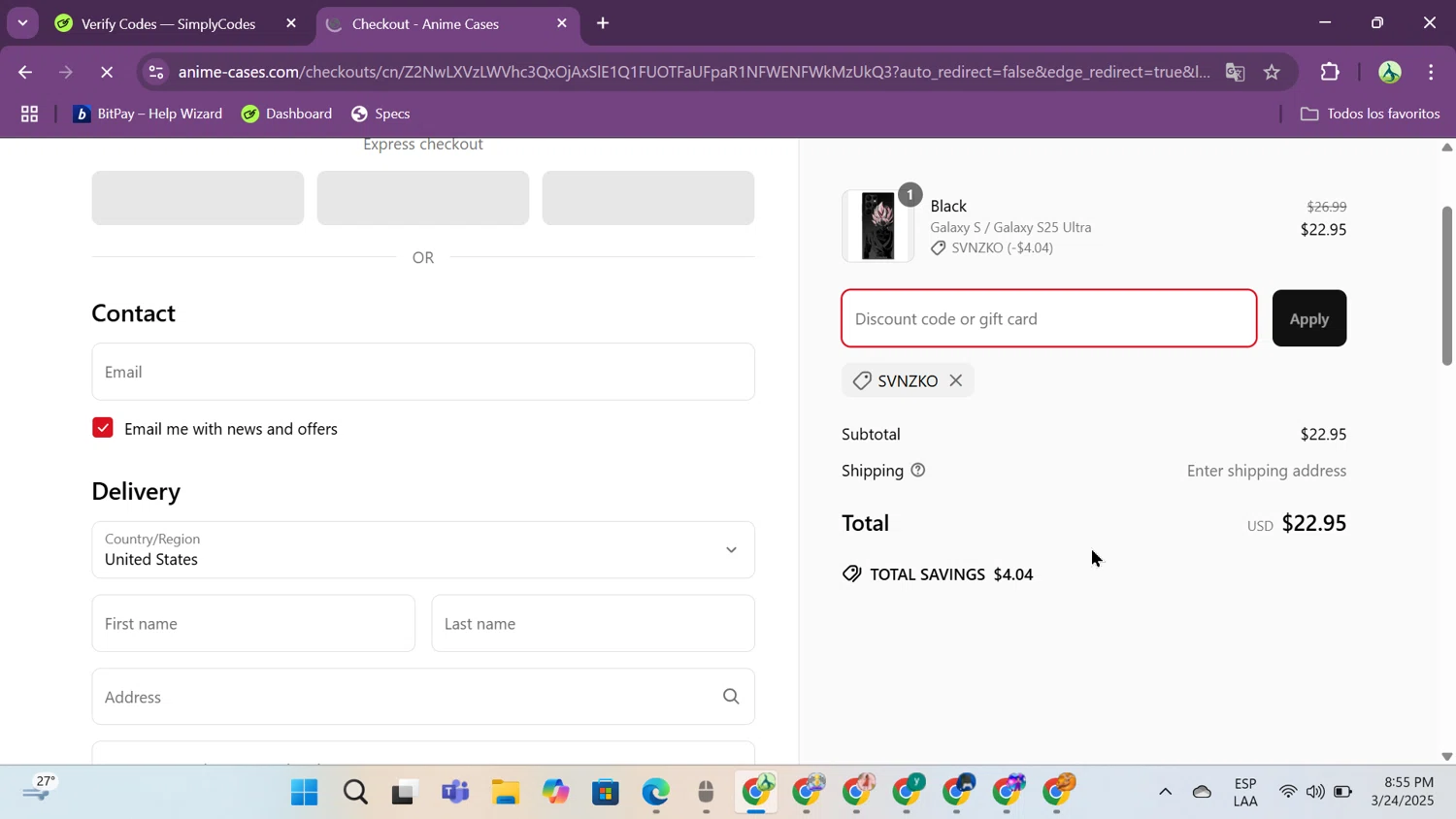 Anime Cases discount code screenshot showing code SVNZKO applied at Anime Cases checkout page. Uploaded by SimplyCodes community member jungrimar on Mar 25, 2025