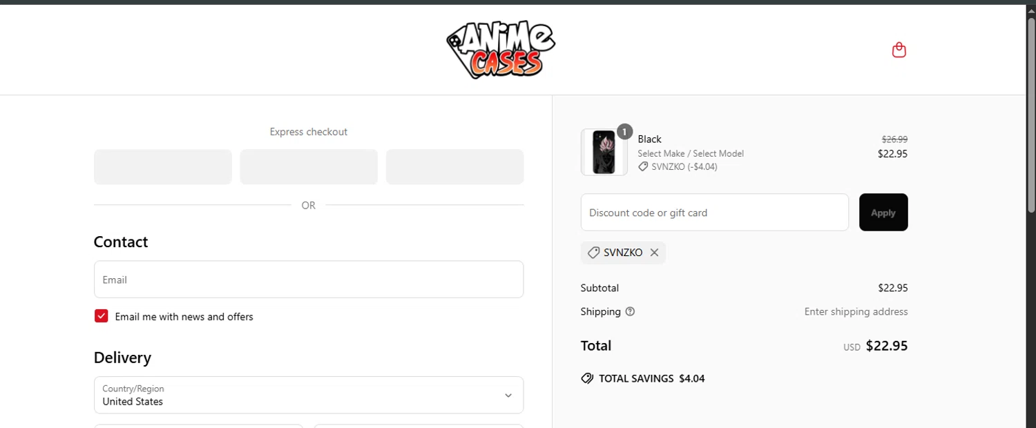 Anime Cases discount code screenshot showing code SVNZKO applied at Anime Cases checkout page. Uploaded by SimplyCodes community member ashe1986 on Jun 13, 2025