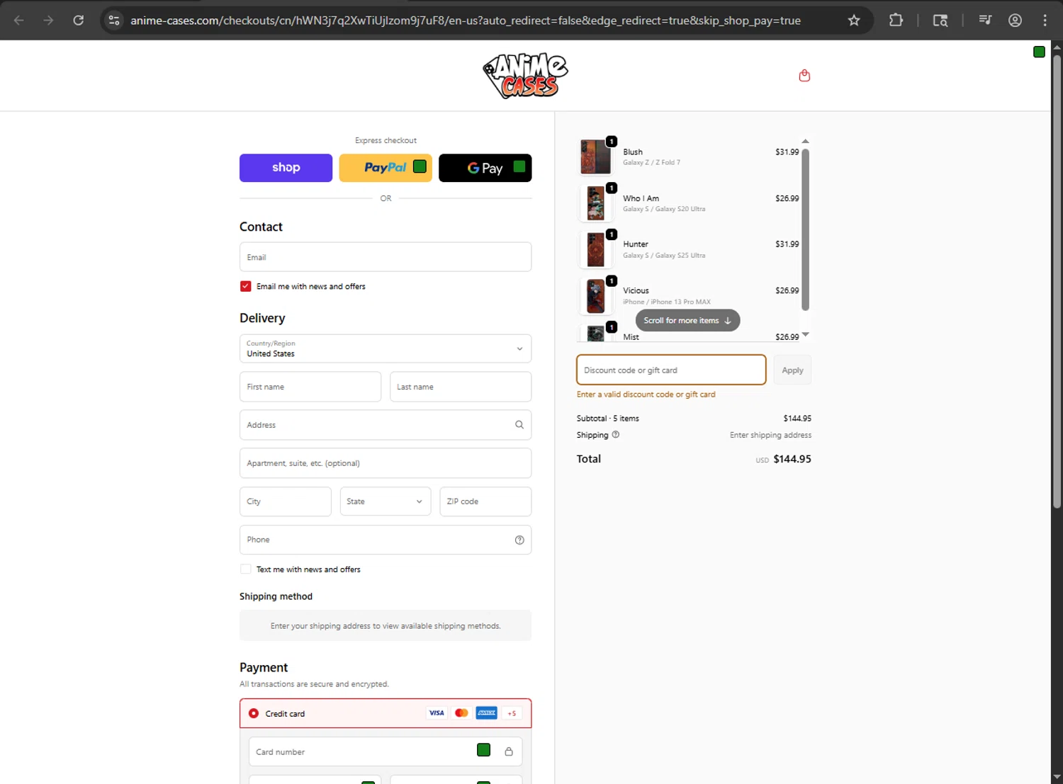 Anime Cases discount code screenshot showing code HOTDEALS10 applied at Anime Cases checkout page. Uploaded by SimplyCodes community member Scrooge on Oct 4, 2025
