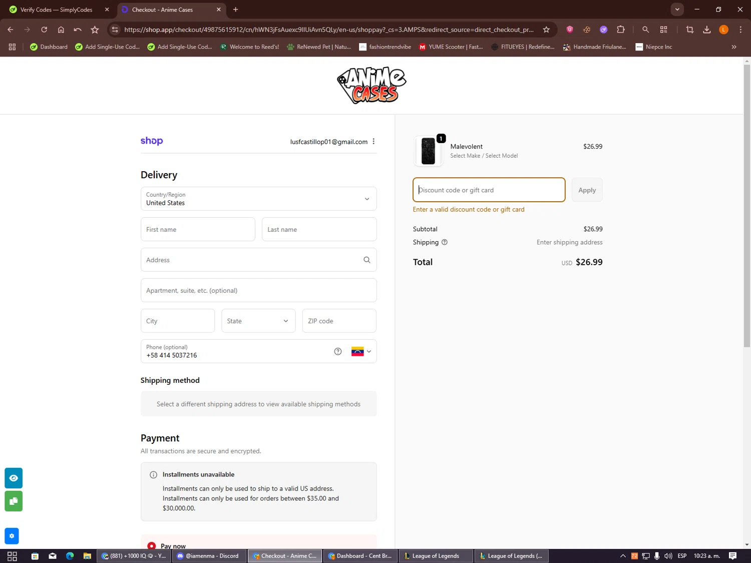 Anime Cases discount code screenshot showing code CASES5 applied at Anime Cases checkout page. Uploaded by SimplyCodes community member Alalee on Oct 4, 2025