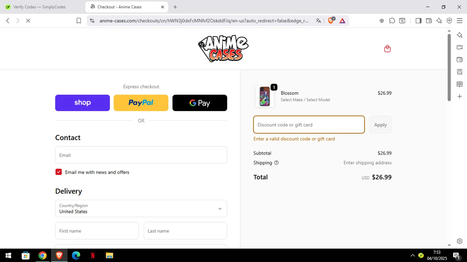 Anime Cases discount code screenshot showing code CASES5 applied at Anime Cases checkout page. Uploaded by SimplyCodes community member ELYEYE on Oct 4, 2025