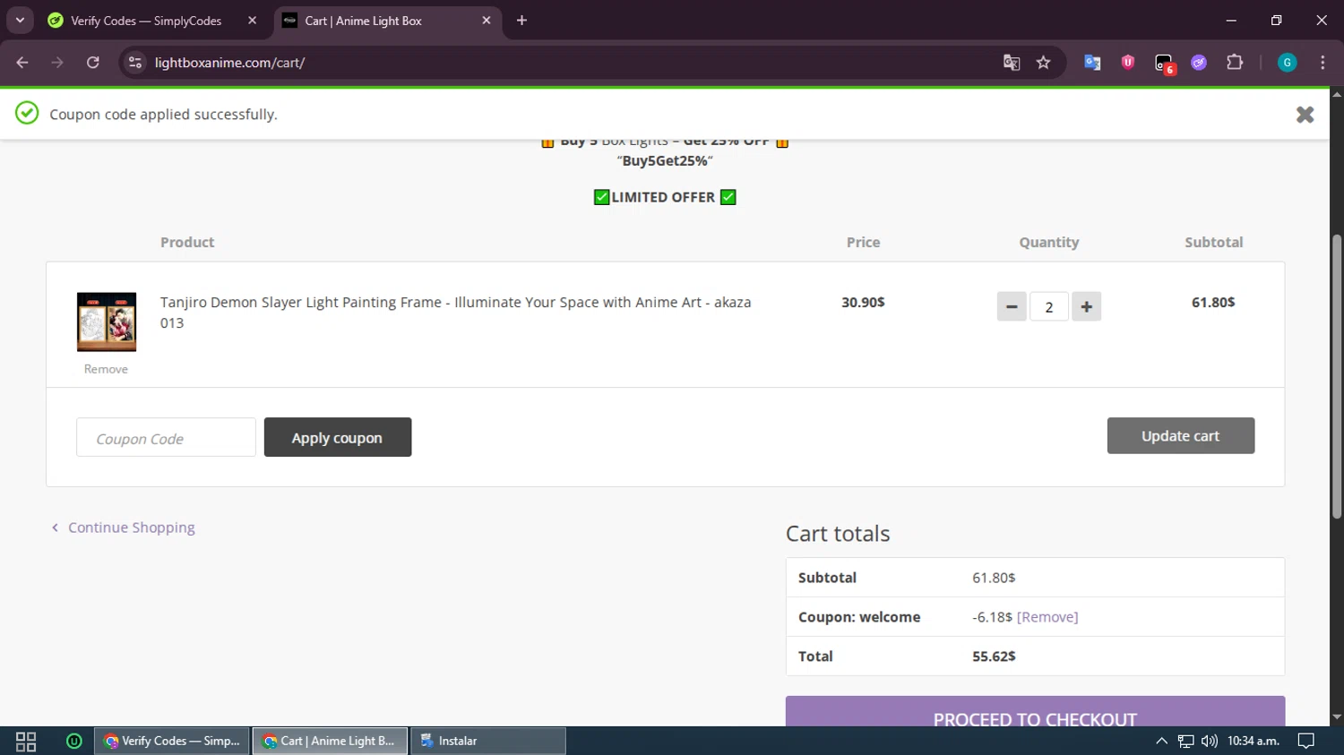Anime Light Box promo code screenshot showing code welcome applied at Anime Light Box checkout page. Uploaded by SimplyCodes community member PromoMonarch5278 on Jun 16, 2025