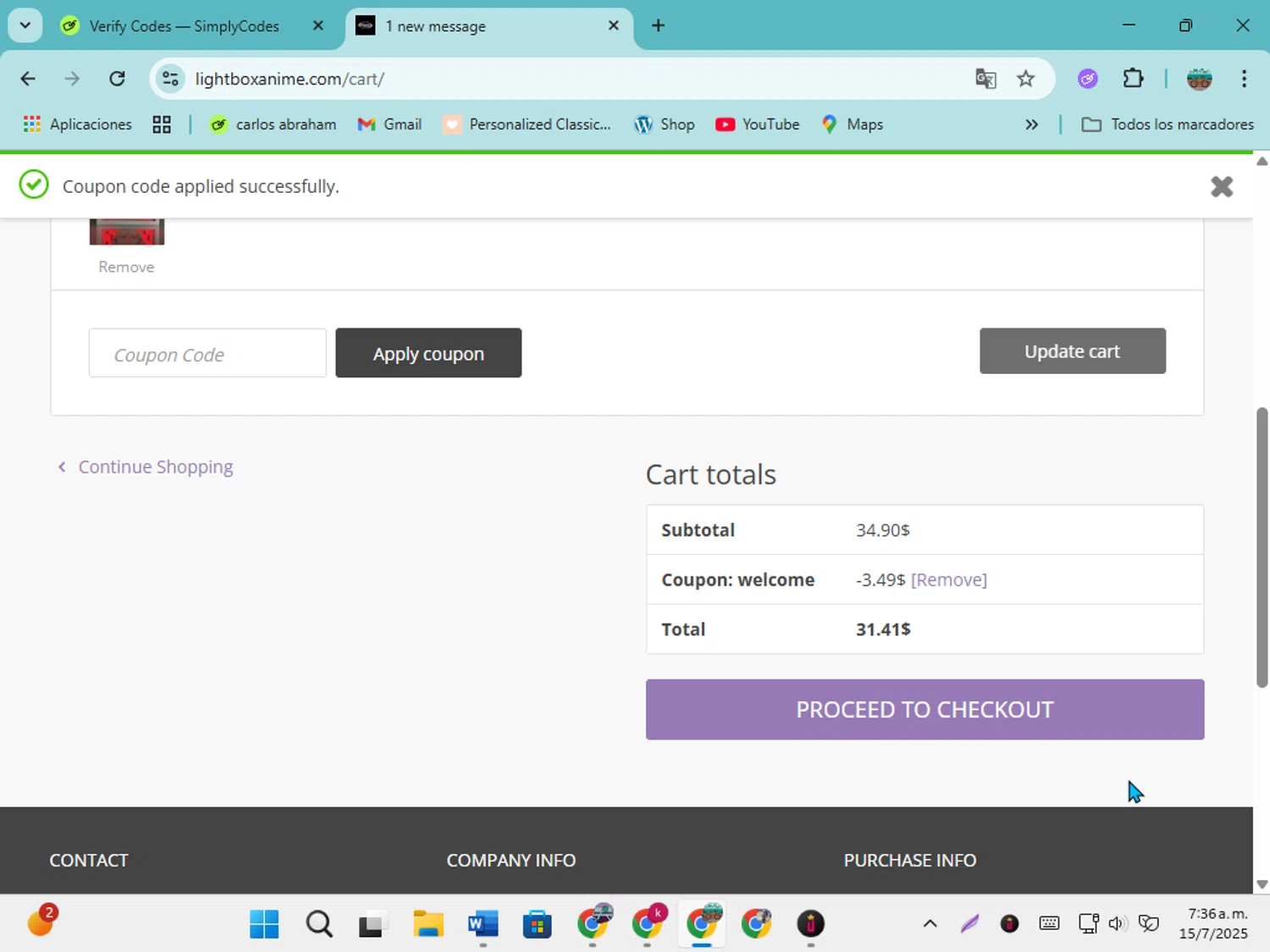 Anime Light Box promo code screenshot showing code welcome applied at Anime Light Box checkout page. Uploaded by SimplyCodes community member karolg on Jul 15, 2025