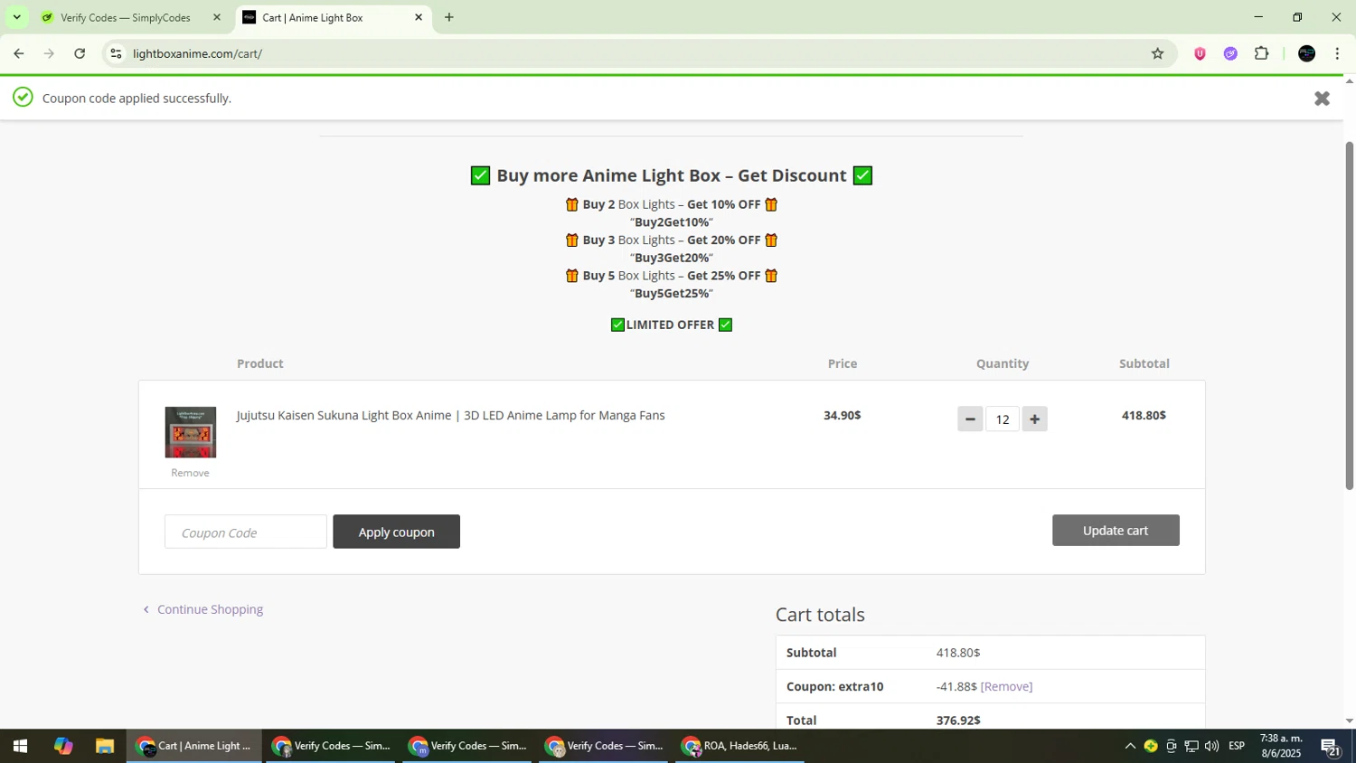 Anime Light Box promo code screenshot showing code extra10 applied at Anime Light Box checkout page. Uploaded by SimplyCodes community member CarmenVGR on Jun 8, 2025