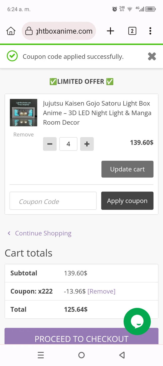 Anime Light Box promo code screenshot showing code x222 applied at Anime Light Box checkout page. Uploaded by SimplyCodes community member Anthony_Diaz on May 14, 2025