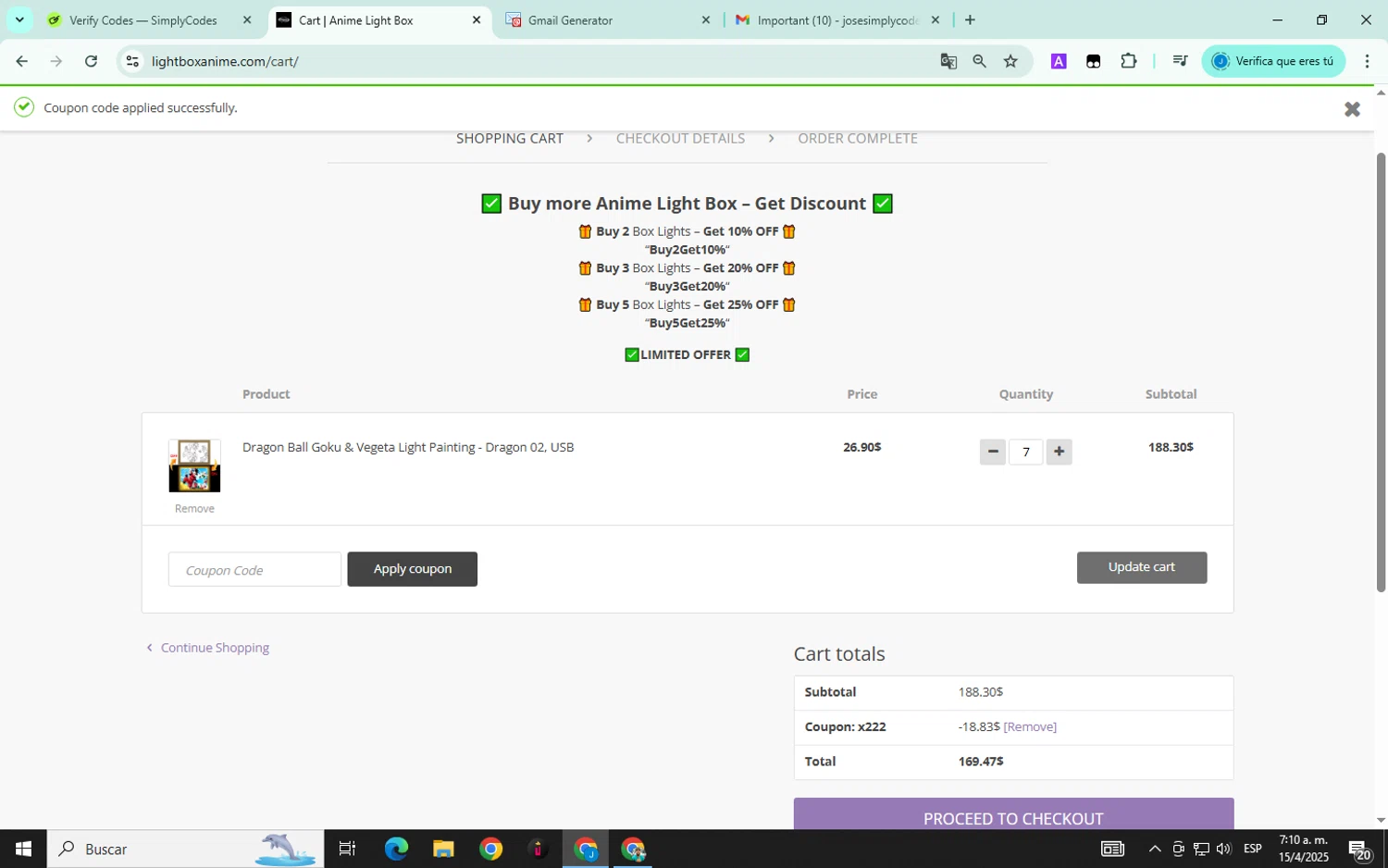 Anime Light Box promo code screenshot showing code x222 applied at Anime Light Box checkout page. Uploaded by SimplyCodes community member ELVERGALARGA on Apr 15, 2025