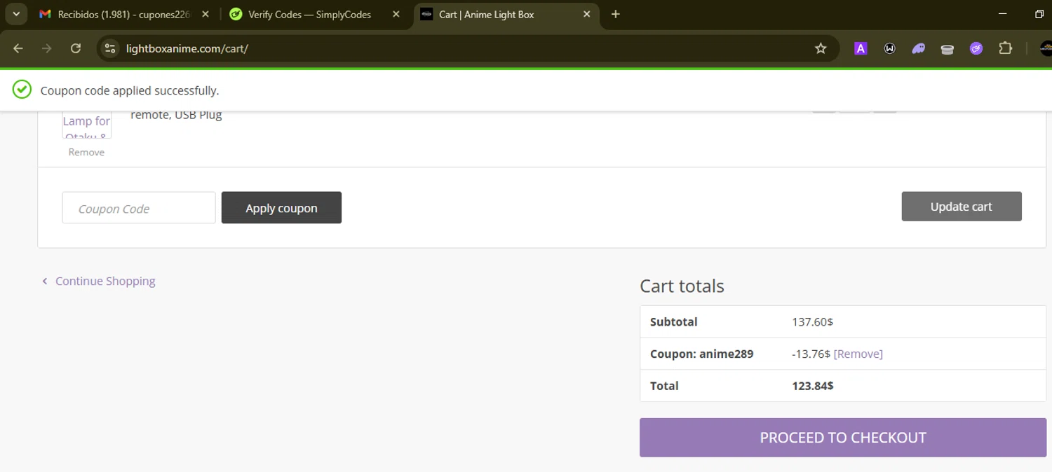 Anime Light Box promo code screenshot showing code anime289 applied at Anime Light Box checkout page. Uploaded by SimplyCodes community member SilverMonarch6357 on Jul 18, 2025