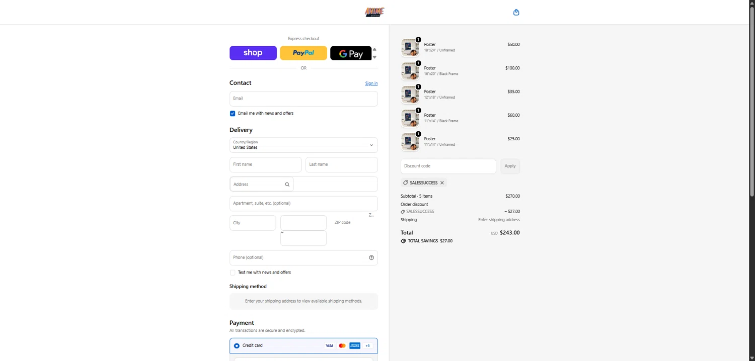 Anime Portraits checkout page showing Anime Portraits discount code box | Screenshot taken by SimplyCodes community member on Feb 8, 2026