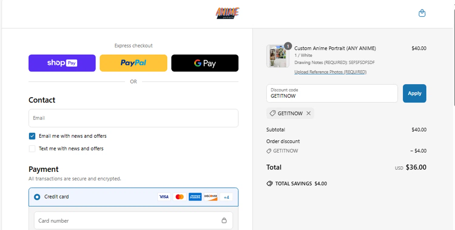 Anime Portraits discount code screenshot showing code GETITNOW applied at Anime Portraits checkout page. Uploaded by SimplyCodes community member CleverWhiz2265 on Jun 19, 2025