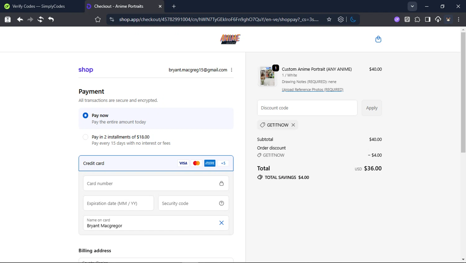 Anime Portraits discount code screenshot showing code GETITNOW applied at Anime Portraits checkout page. Uploaded by SimplyCodes community member USER_RANDON on Jan 11, 2026