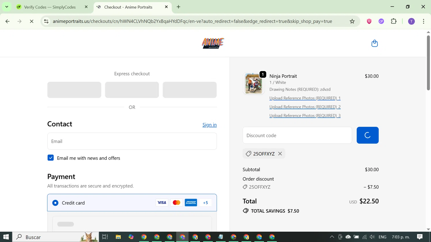 Anime Portraits discount code screenshot showing code 25OFFXYZ applied at Anime Portraits checkout page. Uploaded by SimplyCodes community member FortunateCurator5882 on Oct 16, 2025