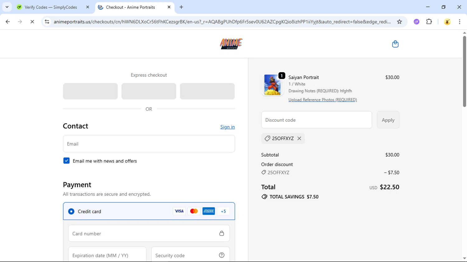 Anime Portraits discount code screenshot showing code 25OFFXYZ applied at Anime Portraits checkout page. Uploaded by SimplyCodes community member GloriousSage2502 on Dec 9, 2025