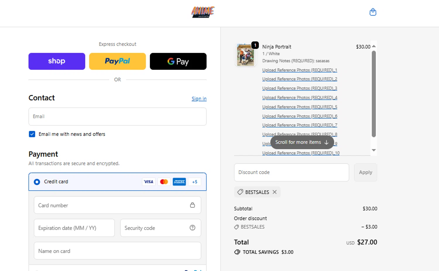 Anime Portraits discount code screenshot showing code BESTSALES applied at Anime Portraits checkout page. Uploaded by SimplyCodes community member Stun333 on Oct 25, 2025