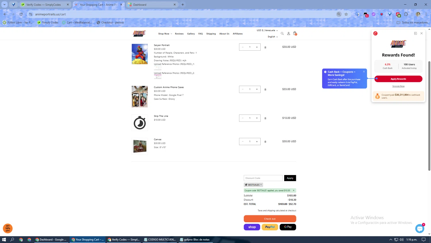 Anime Portraits discount code screenshot showing code BESTSALES applied at Anime Portraits checkout page. Uploaded by SimplyCodes community member SuperMan on Nov 6, 2025