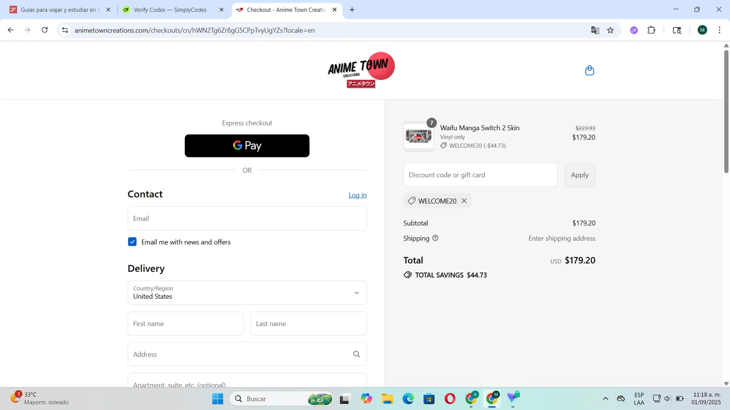 Anime Town Creations discount code screenshot showing code WELCOME20 applied at Anime Town Creations checkout page. Uploaded by SimplyCodes community member Tortu_1 on Sep 1, 2025