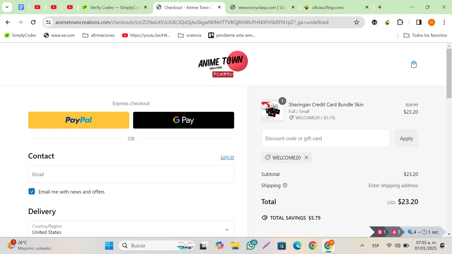 Anime Town Creations discount code screenshot showing code WELCOME20 applied at Anime Town Creations checkout page. Uploaded by SimplyCodes community member humanmos on Jan 7, 2025