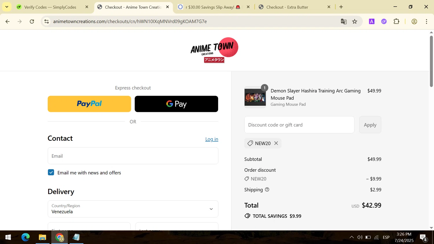 Anime Town Creations discount code screenshot showing code NEW20 applied at Anime Town Creations checkout page. Uploaded by SimplyCodes community member PromoPioneer7268 on Jul 24, 2025