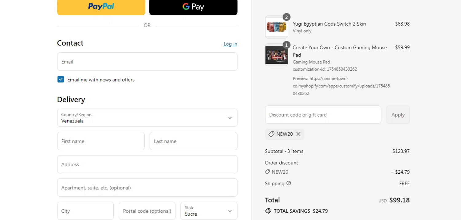 Anime Town Creations discount code screenshot showing code NEW20 applied at Anime Town Creations checkout page. Uploaded by SimplyCodes community member yilmamalave on Aug 10, 2025