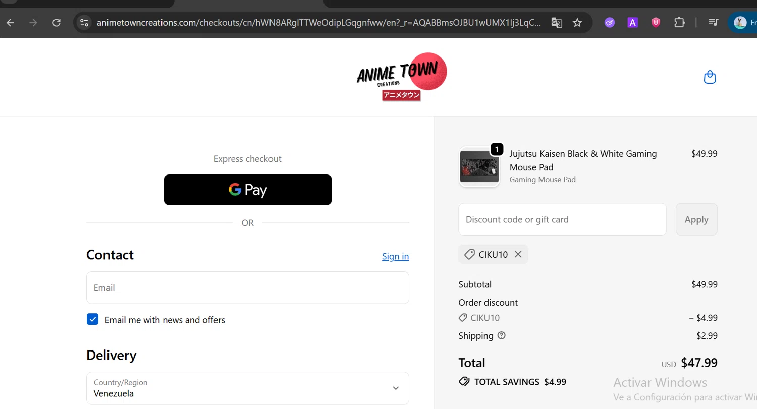 Anime Town Creations discount code screenshot showing code CIKU10 applied at Anime Town Creations checkout page. Uploaded by SimplyCodes community member CoinOwl5103 on Jan 29, 2026