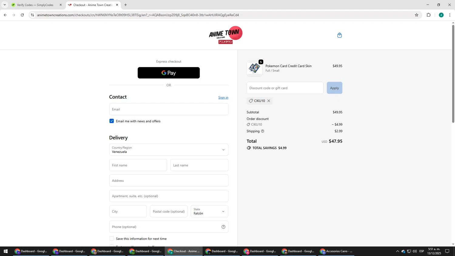 Anime Town Creations discount code screenshot showing code CIKU10 applied at Anime Town Creations checkout page. Uploaded by SimplyCodes community member HEROESCUDA on Dec 13, 2025
