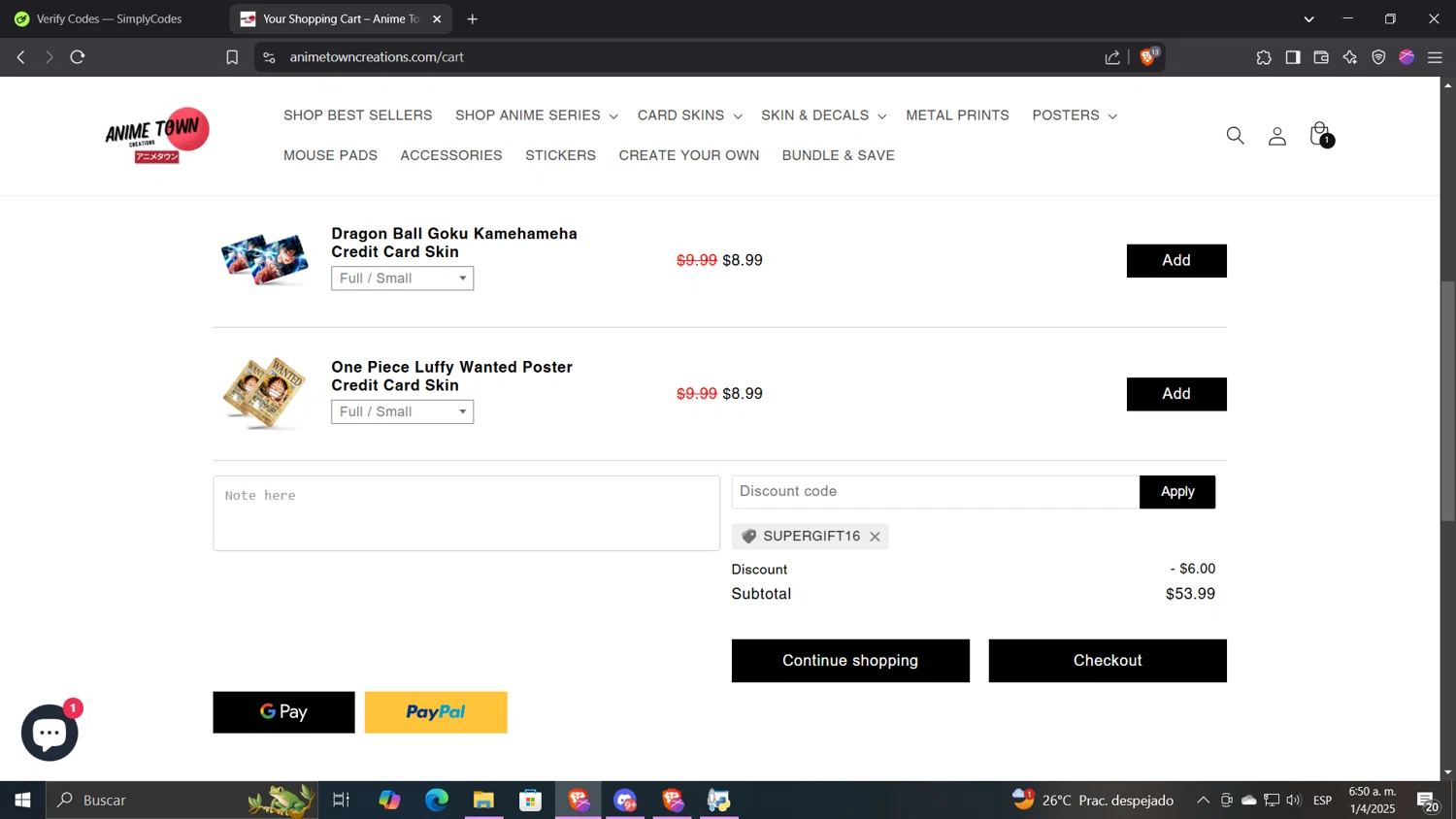 Anime Town Creations discount code screenshot showing code supergift16 applied at Anime Town Creations checkout page. Uploaded by SimplyCodes community member CocuydePenca on Apr 1, 2025