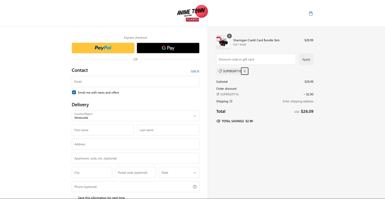 Anime Town Creations discount code screenshot showing code supergift16 applied at Anime Town Creations checkout page. Uploaded by SimplyCodes community member GamerZone on Jan 7, 2025