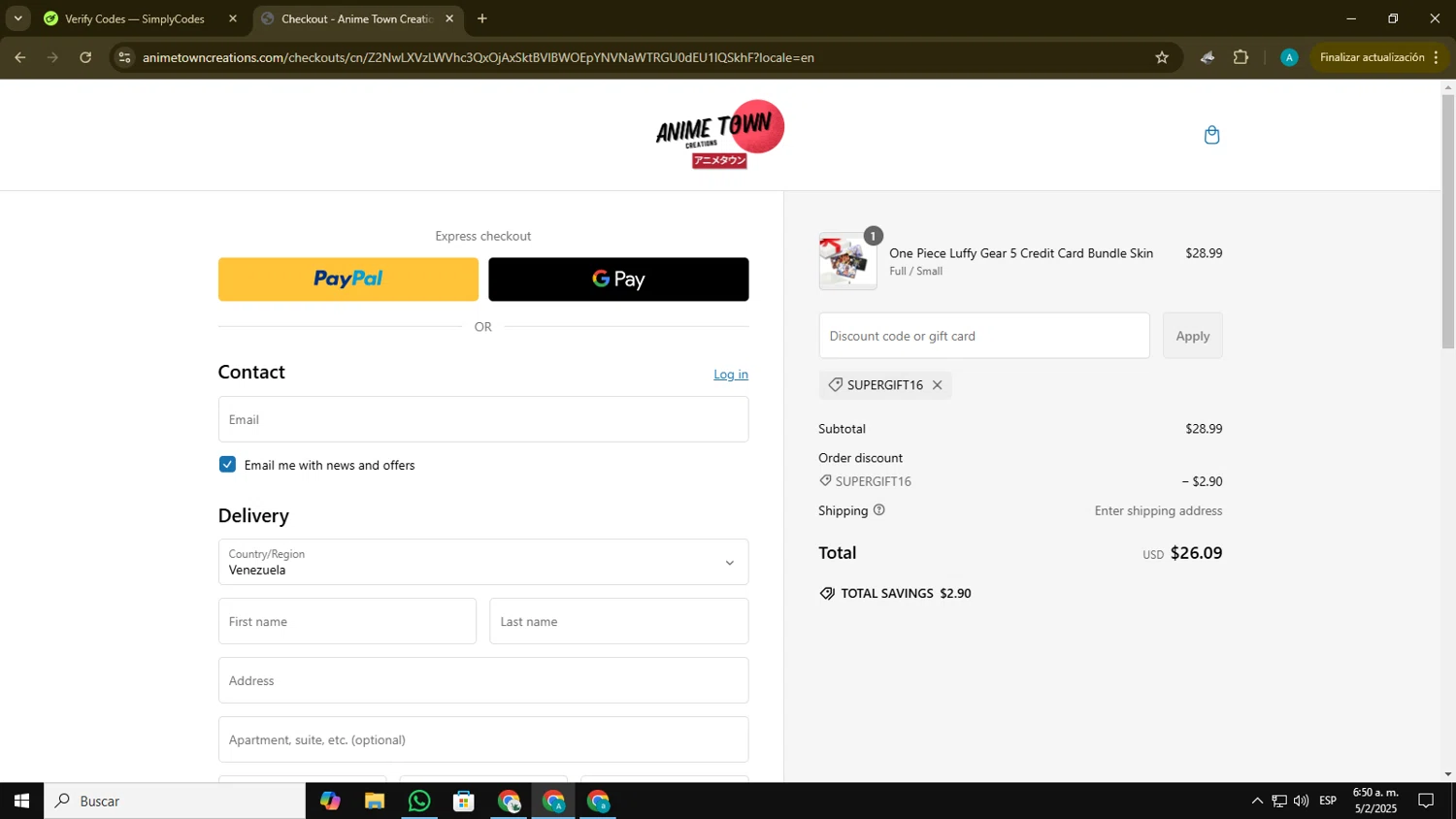 Anime Town Creations discount code screenshot showing code supergift16 applied at Anime Town Creations checkout page. Uploaded by SimplyCodes community member Blackmesa on Feb 5, 2025
