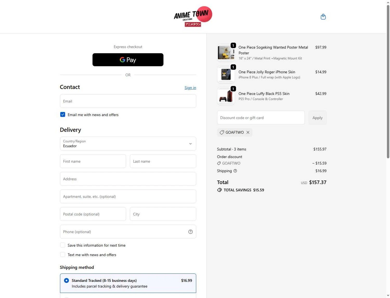 Anime Town Creations promo code screenshot showing code GOAFTWO applied at Anime Town Creations checkout page. Uploaded by SimplyCodes community member Andaspendientedeunovale on May 30, 2026
