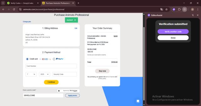 Animoto checkout page showing Animoto promo code box | Screenshot taken by SimplyCodes community member on Jul 15, 2025