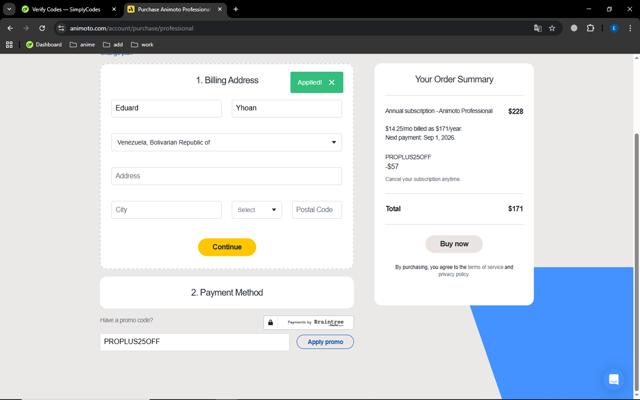 Animoto checkout page showing Animoto promo code box | Screenshot taken by SimplyCodes community member on Sep 2, 2025